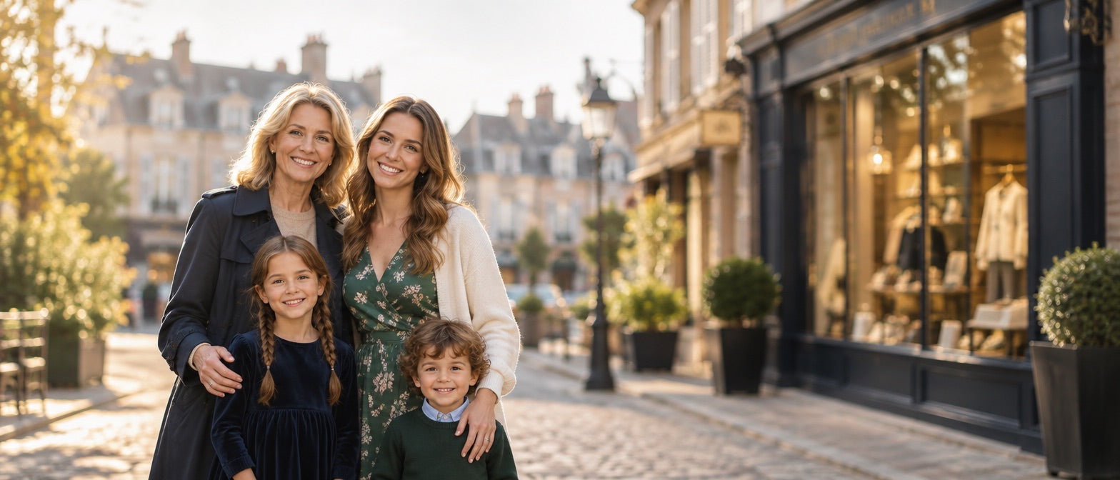 Une famille devant une boutique de mode dans une rue pavée française