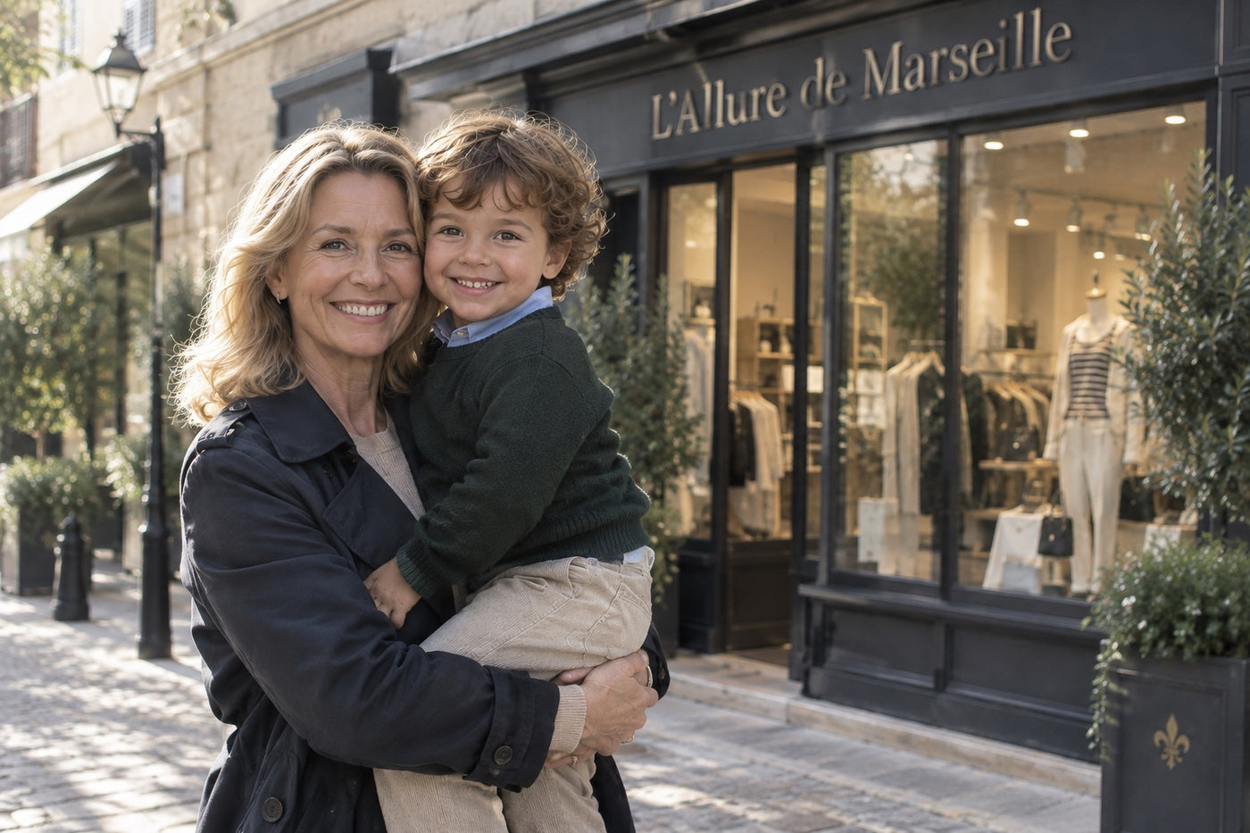 Une femme tenant son petit-fils dans les bras devant la boutique L'Allure de Marseille